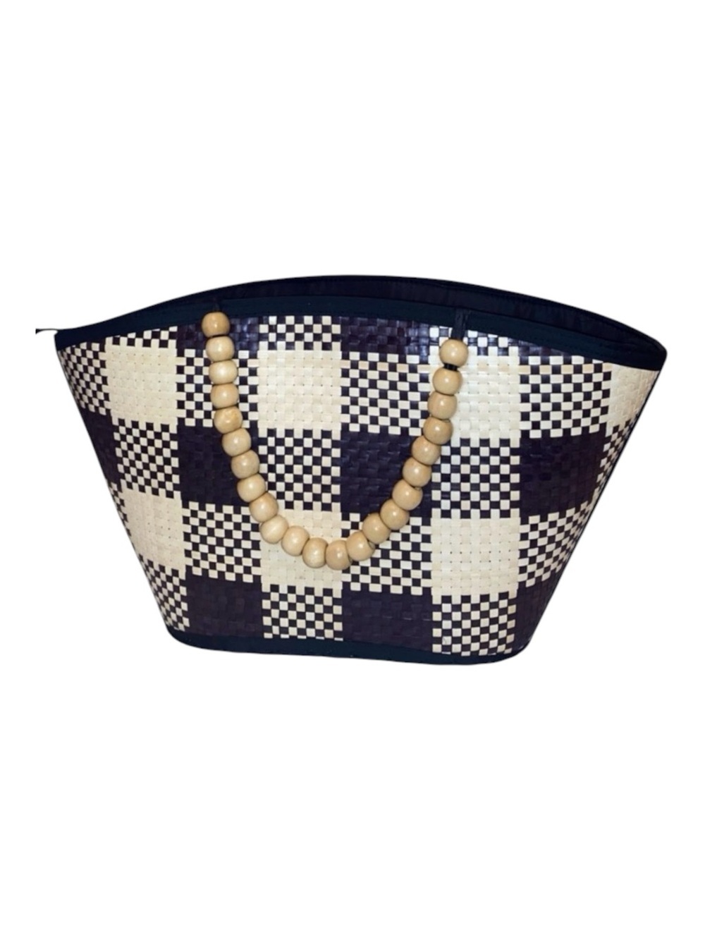 TOTE Checkered Beach Shop Tote Purse Bag with Beaded Handles Black and Cream